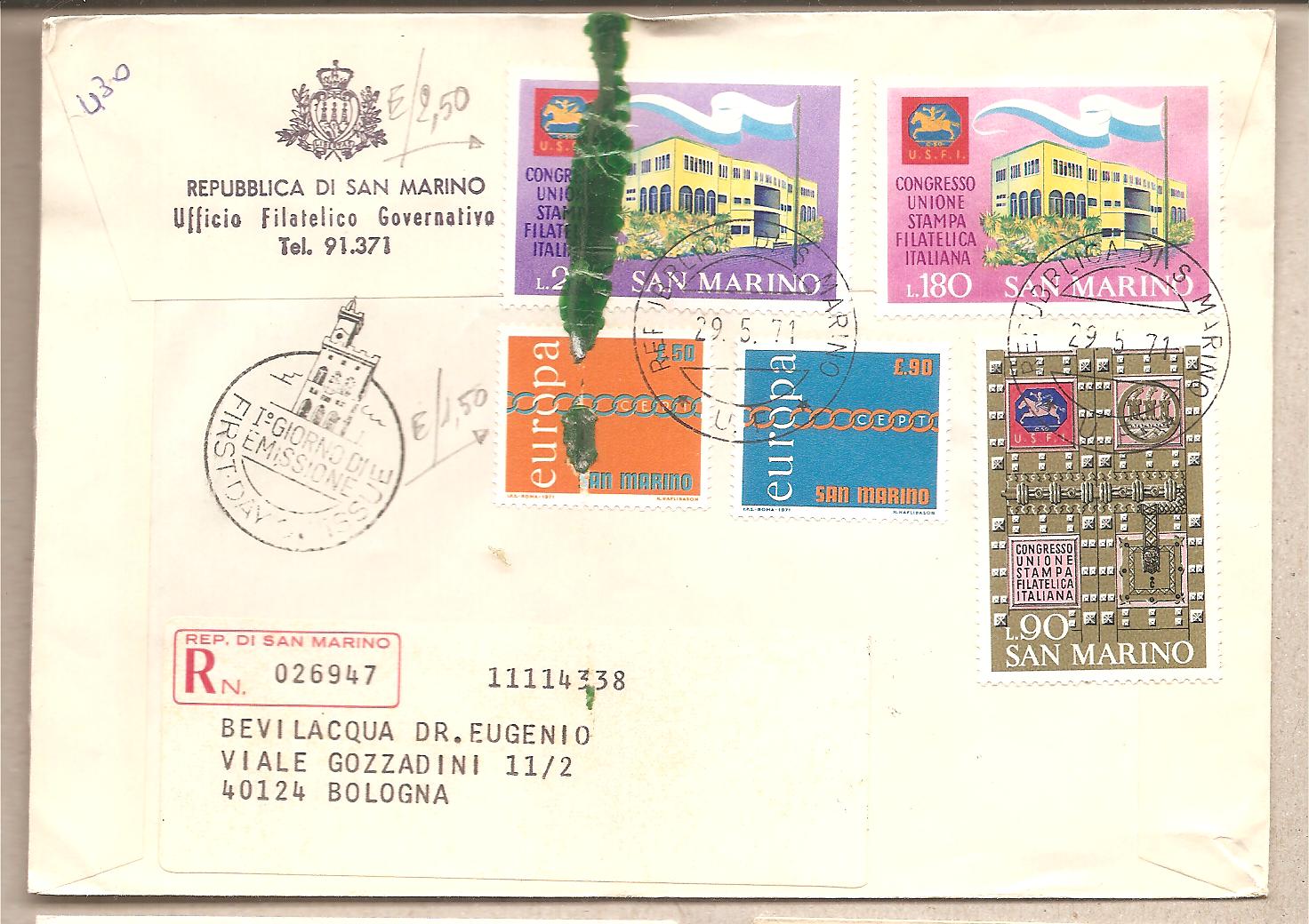 49548 - San Marino - busta FDC viaggiata per l Italia con due serie completa: Europa e Congresso USFI  - 1971 * G