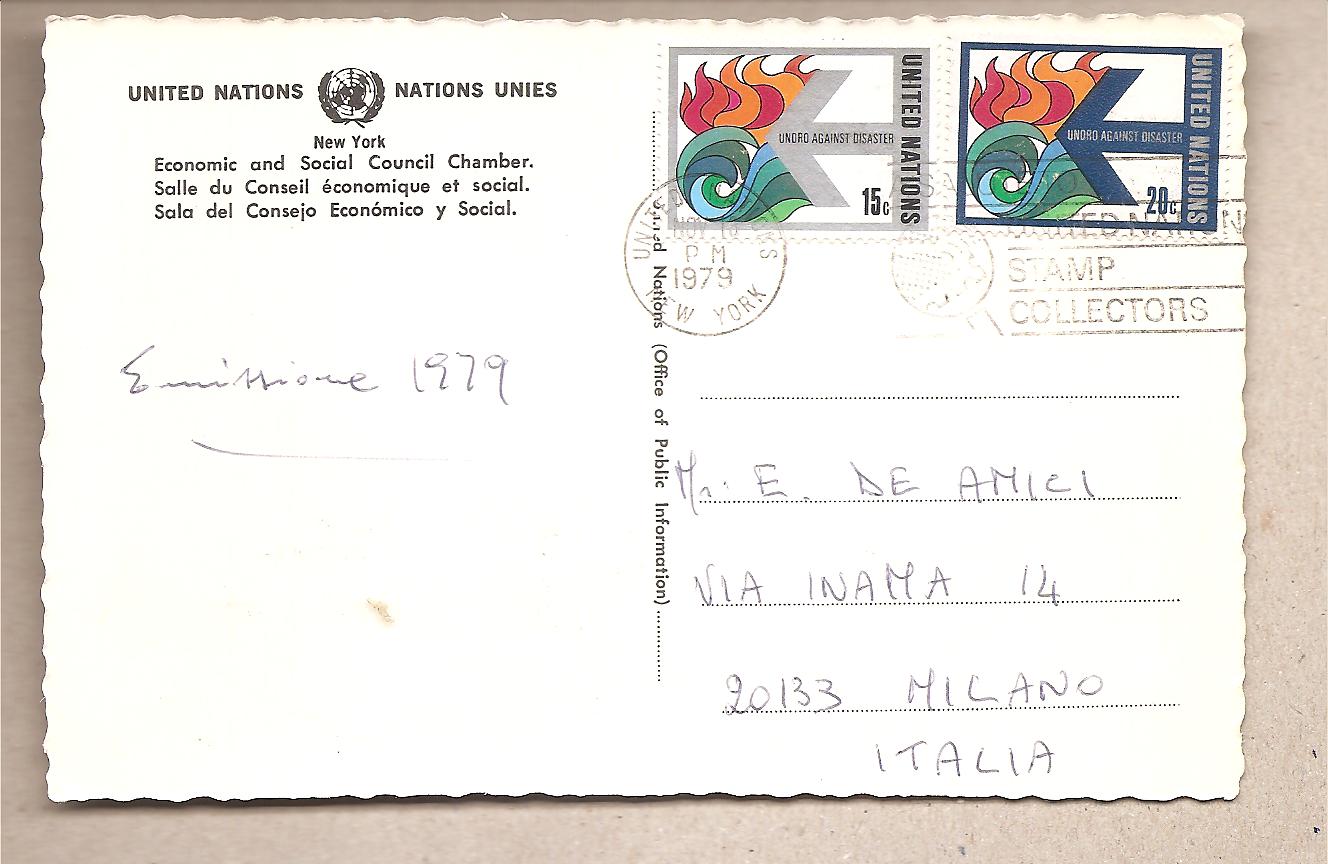 49683 - Nazioni Unite New York - cartolina viaggiata per l Italia con serie completa: Ufficio per i soccorsi delle calamit - 1979*G