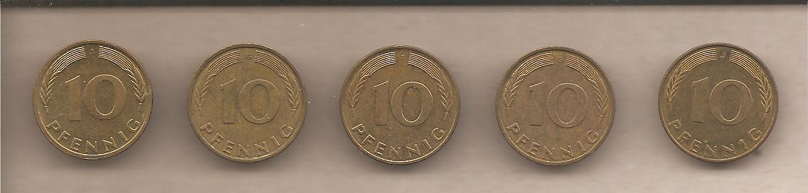 49704 - Germania - serie completa da 5 monete circolate da 10 Pfennig di tutte le zecche - 1991
