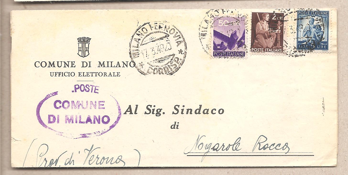 49708 - Italia - busta viaggiata da Milano a Nogarole Rocca (VR) Ufficio elettorale - 1949