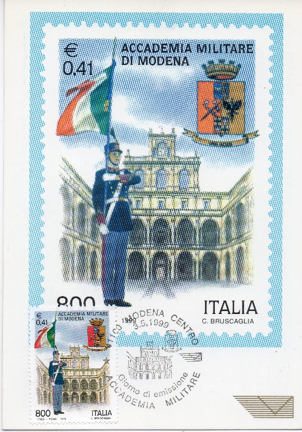 49852 - ITALIA 1999 - cartolina maximum ACCADEMIA MILITARE DI MODENA, con annullo speciale FDC