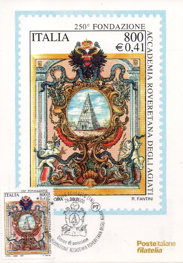 49855 - ITALIA 2000 - cartolina maximum ACCADEMIA ROVERETANA DEGLI AGIATI, con annullo speciale FDC