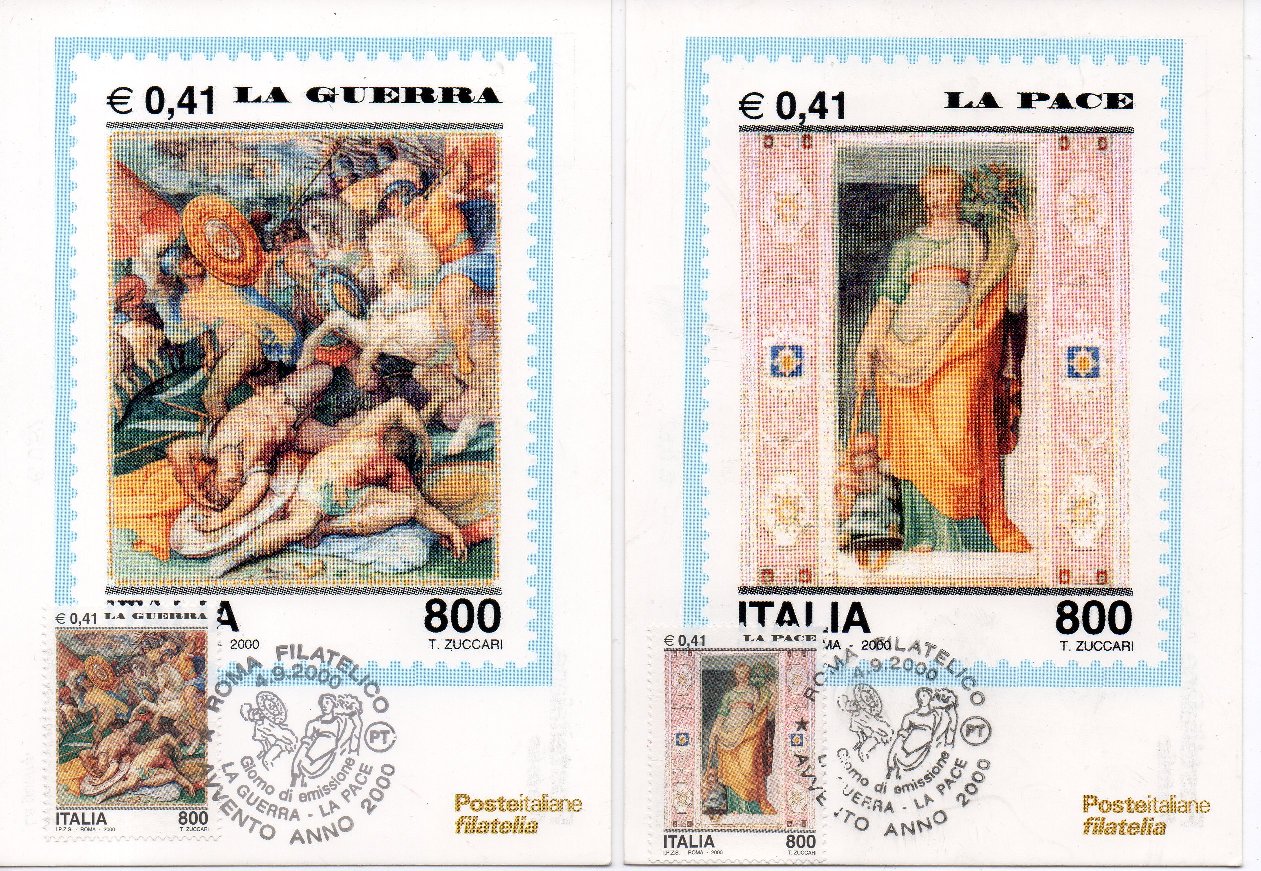 49879 - ITALIA 2000 - cartolina maximum AVVENTO (LA GUERRA - LA PACE), con annullo speciale FDC