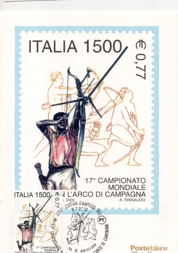 49884 - ITALIA 2000 - cartolina maximum CAMPIONATO MONDIALE DI TIRO CON L ARCO, con annullo speciale FDC