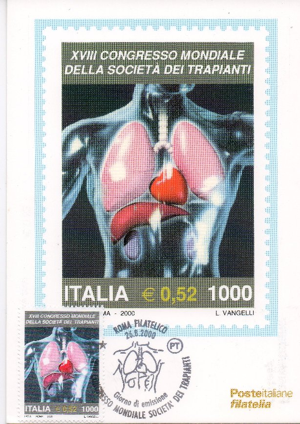 49887 - ITALIA 2000 - cartolina maximum CONGRESSO INTERN. SOCIETA  DEI TRAPIANTI, con annullo speciale FDC