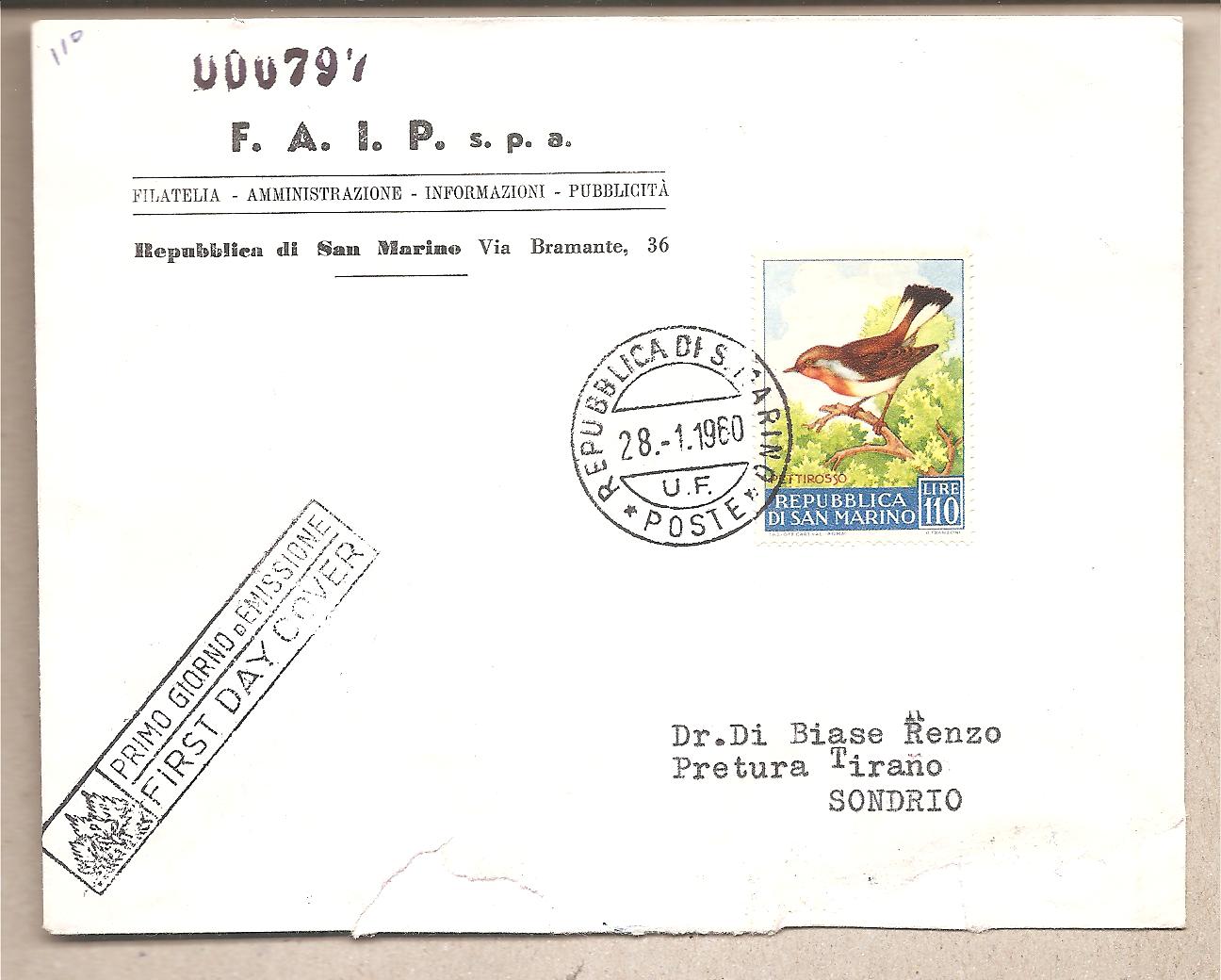 50197 - San Marino - busta viaggiata per l Italia FDC: Fauna avicola - Pettirosso - 1960 * G