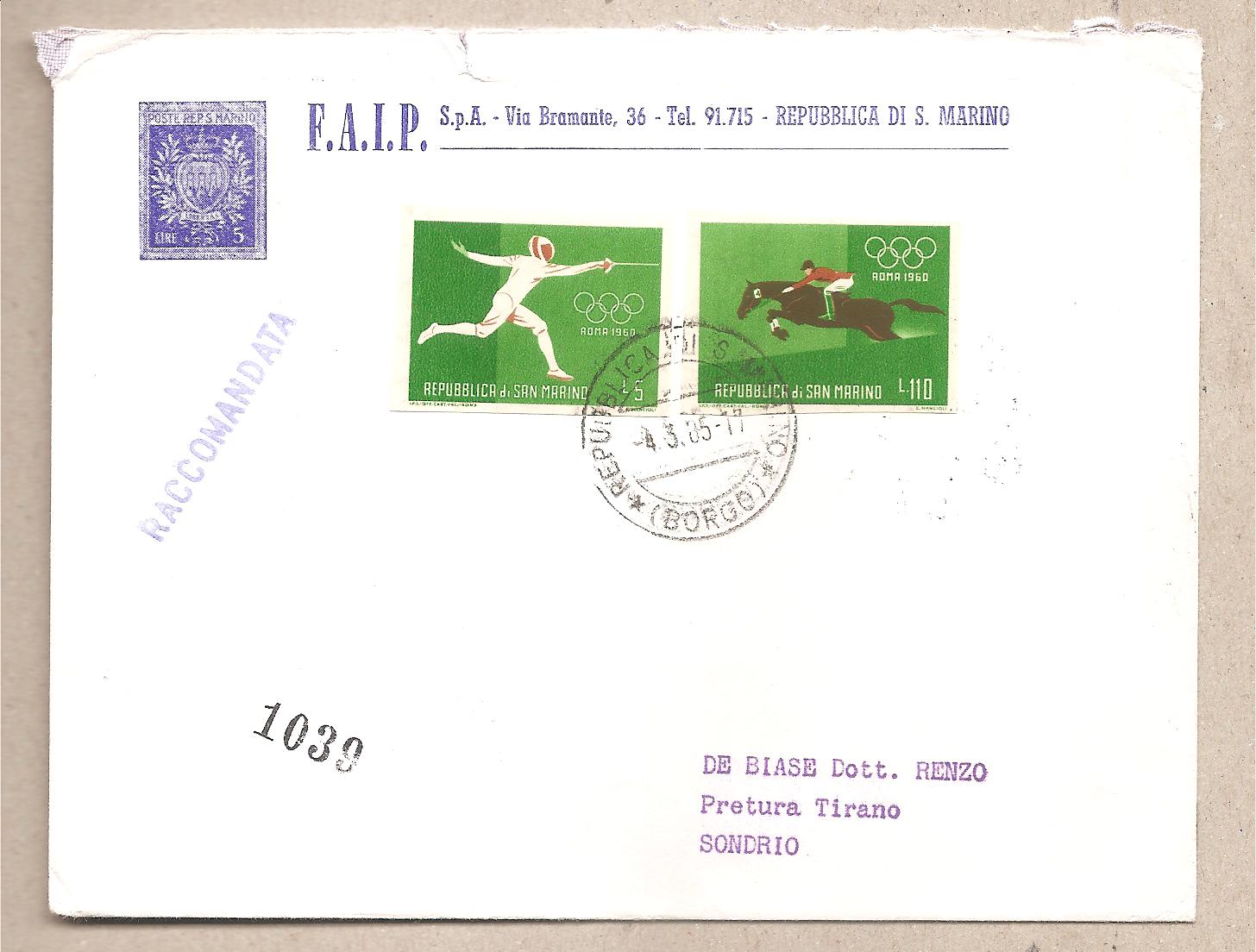 50198 - San Marino - busta viaggiata raccomandata per l Italia: Giochi Olimpici di Roma non dentellati - 1960 * G