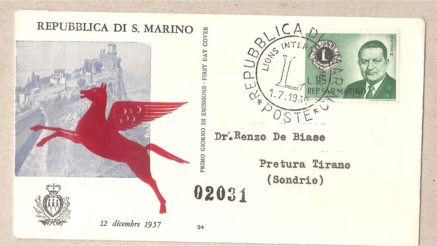 50203 - San Marino - busta viaggiata FDC per l Italia: Lion s Club - 1960 * G