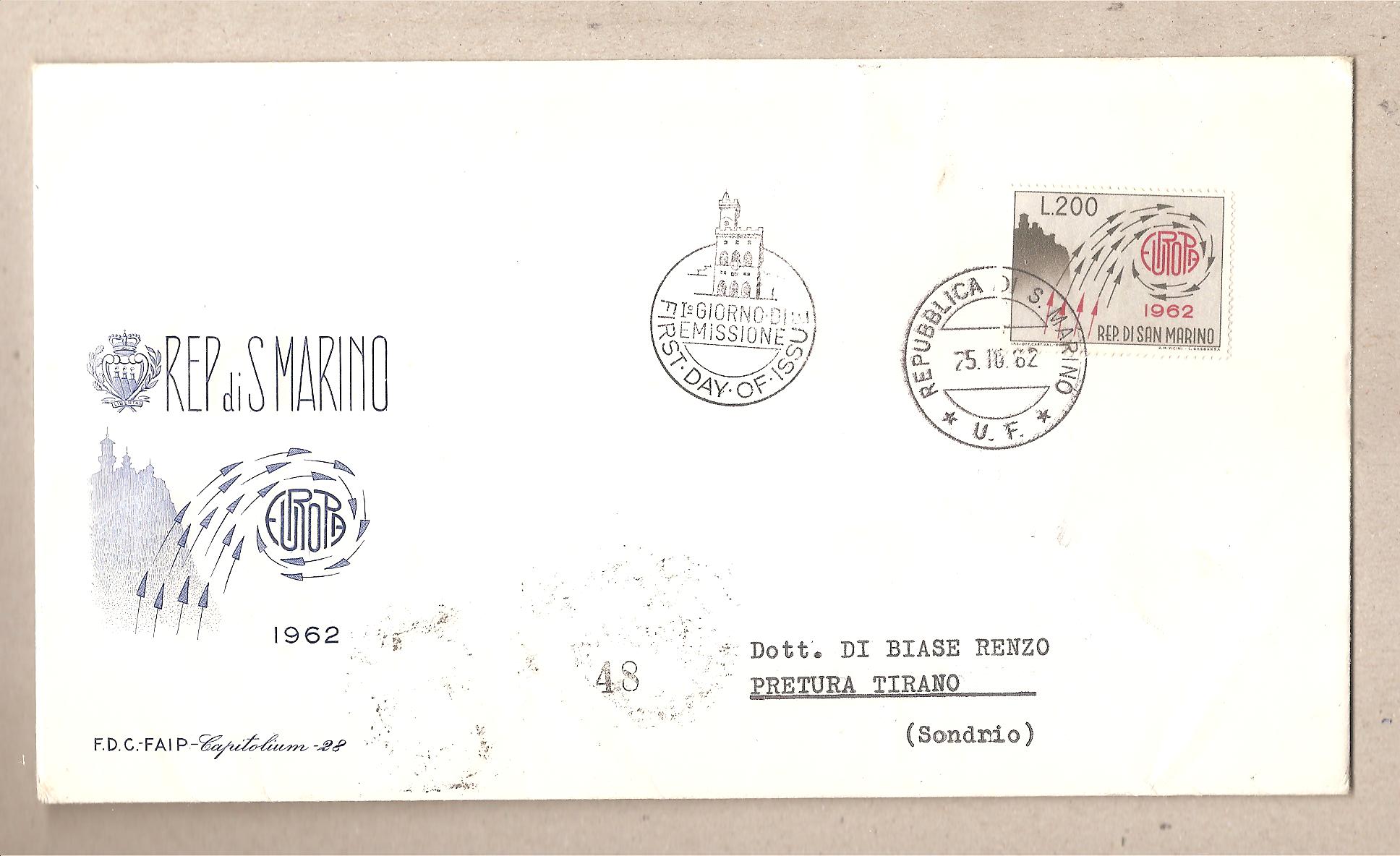50208 - San Marino - busta FDC viaggiata per l Italia: con serie completa: Europa - 1962 * G