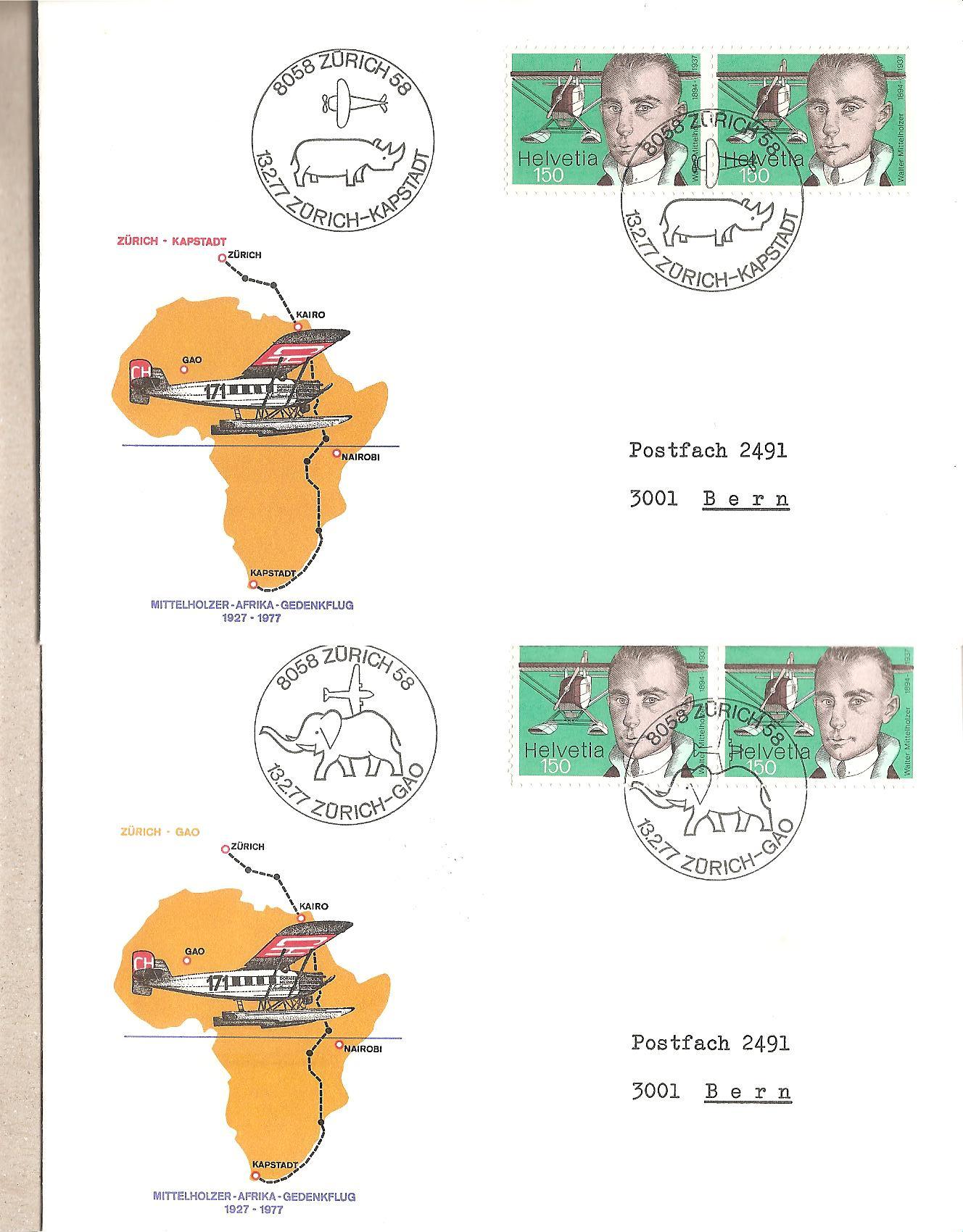 50273 - Svizzera - 4 buste con annulli speicali viaggiate: 50 anniv. voli Il Cairo. Gao, Citta dle Capo, Nairobi - 1977 * G