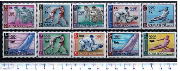 5065 - AJMAN,  Anno 1965,  # 28a-37a  -  Giochi Olimpici di Tokyo,sovrast.nuova moneta   -  10 valori serie completa nuova