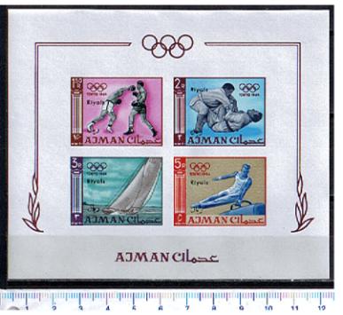 5068 - AJMAN,  Anno 1965,  # 38a-  Giochi Olimpici di Tokyo,sovrast.nuova moneta   -  1 BF dent. completo nuovo