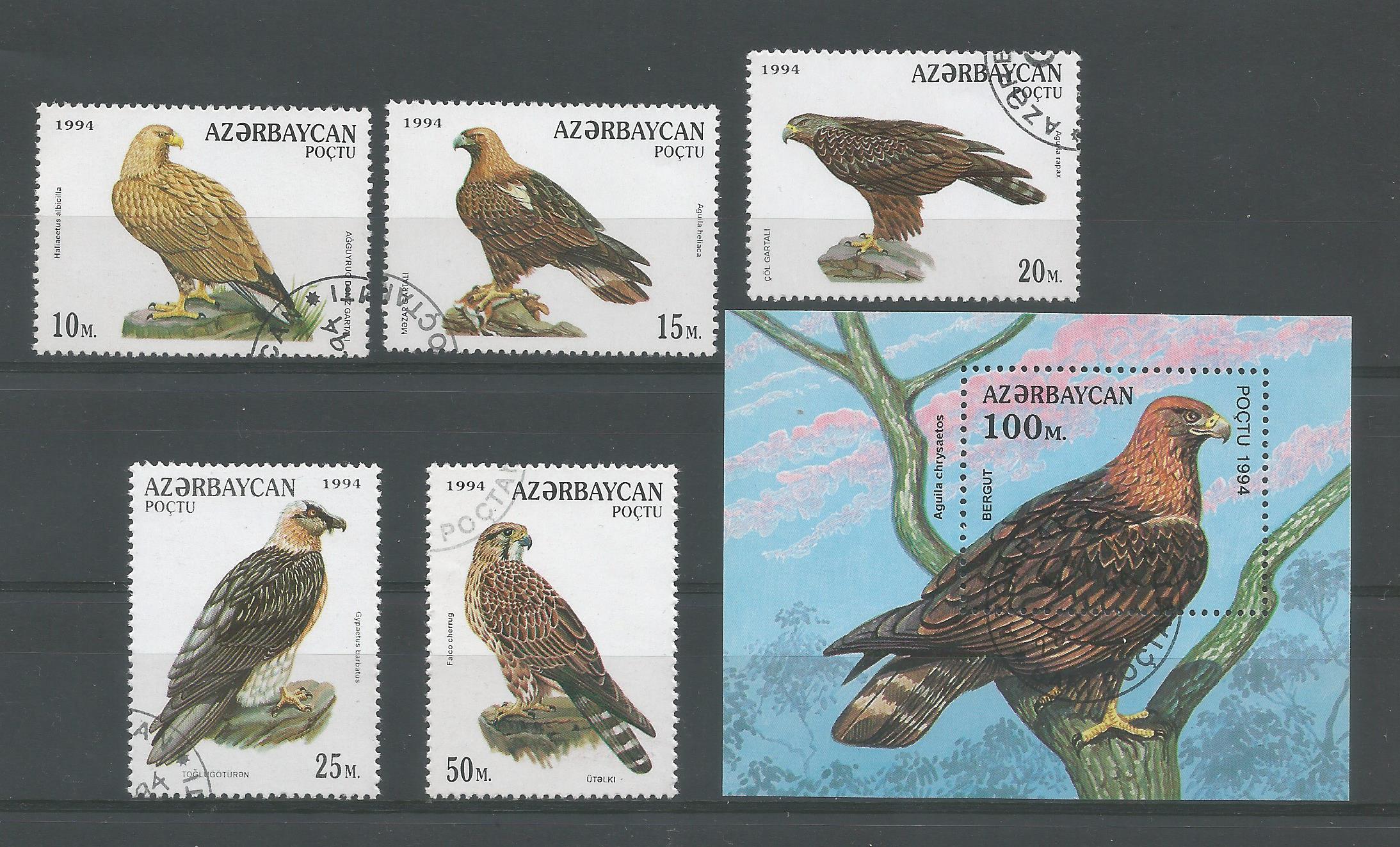 51132 - AZERBAIGIAN - 1994 - Uccelli rapaci - Serie compl. 5 val. + foglietto timbrati - Michel . 172/76+BL9 - Yvert : 167/71+BF10 - (AZE002)