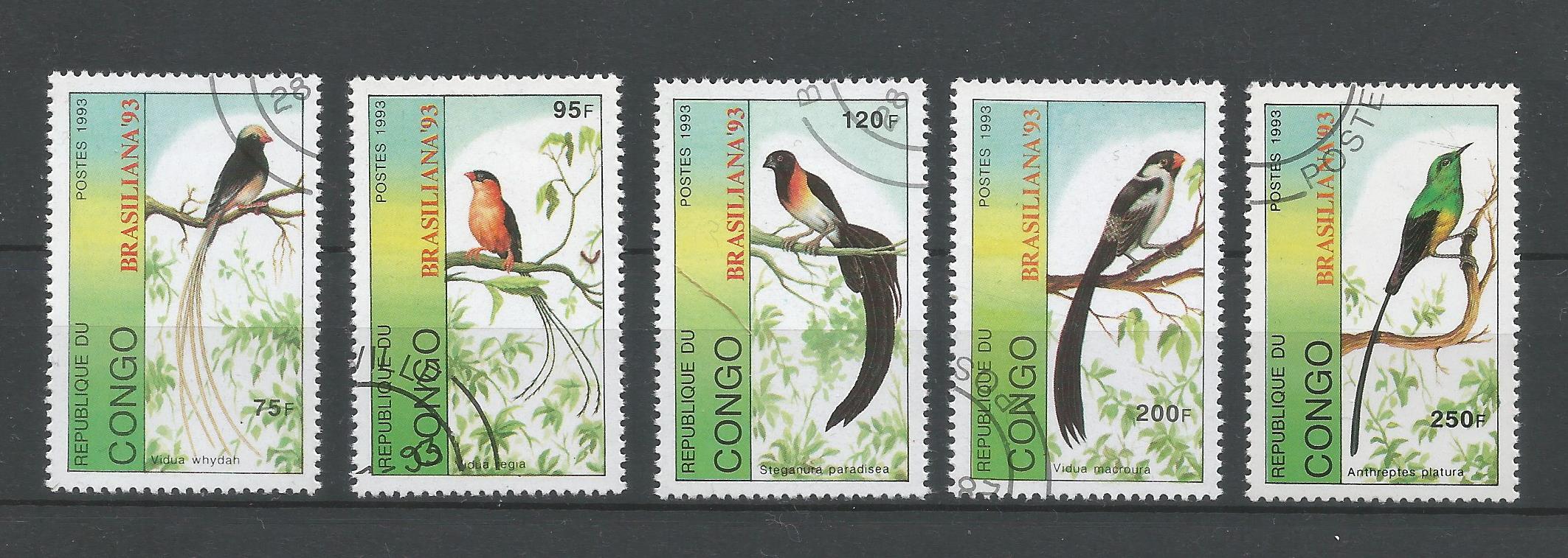 51135 - REPUBBLICA DEL CONGO - 1993 - Uccelli - Brasiliana  93 - Serie compl 5 val. timbrati - Michel : 1392/96 - Yvert : 982/86 - (CON002)