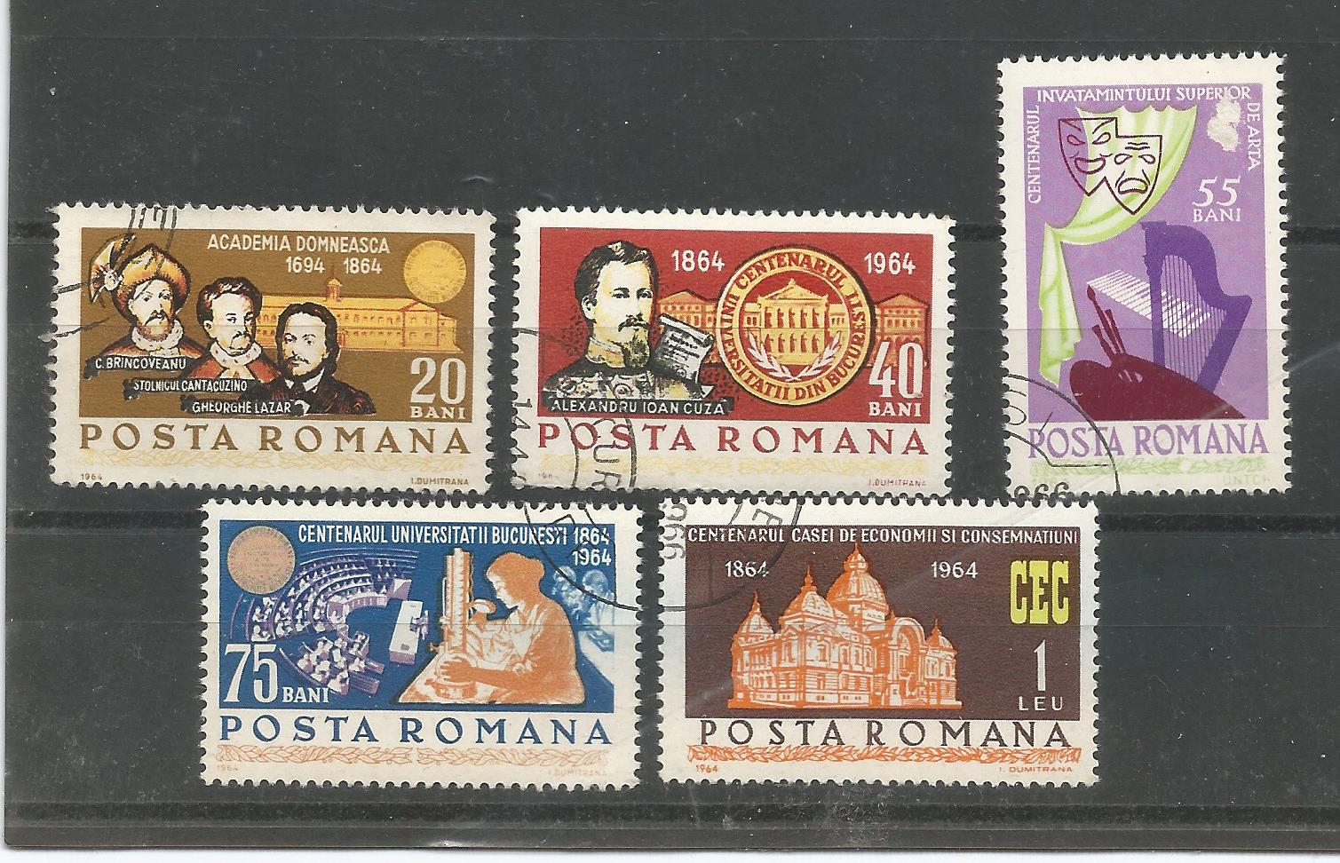 51247 - ROMANIA - 1964 - Anniversari accademici - Serie compl. 5 val. timbrati - Michel : 2338/42 - Yvert : 2062/66 - (ROM010)