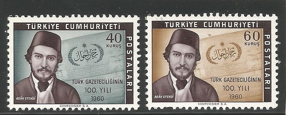 51294 - TURCHIA - 1960 - Centenario del primo giornale turco - 2 val. cpl. nuovi - Michel : 1781/82 - Yvert : 1574/75 - (TUR004)