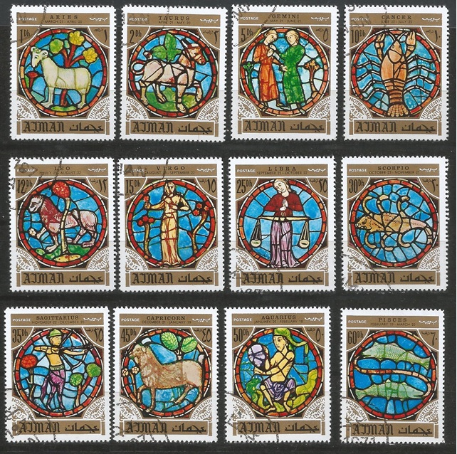 51431 - AJMAN - 1971 - Zodiaco - Vetrate della Cattedrale di Notre Dame di Parigi - 12 val. cpl. timbrati - Yvert : 769/780 - Tvert : 121A/M - (AJM008)