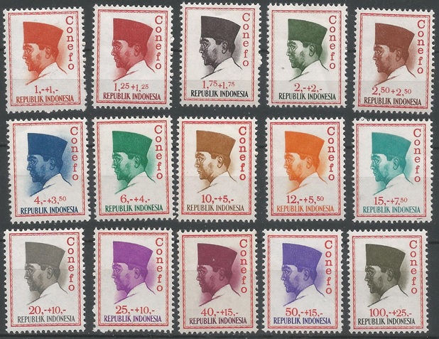 51468 - INDONESIA - 1965 - Definitiva (Presidente Sukarno con scritta  Conefo  - 15 val. cpl. nuovi - Michel : 473/487 - Yvert : 411/424+422a - (IDN003)