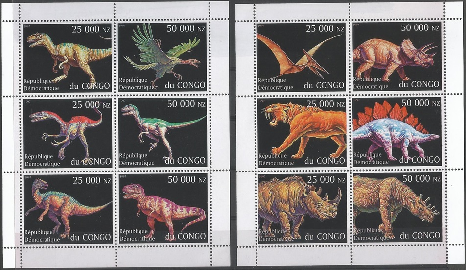 51573 - REPUBBLICA DEMOCRATICA DEL CONGO - 1997 - Animali preistorici - 12 val. in due minifogli nuovi - (COD001)