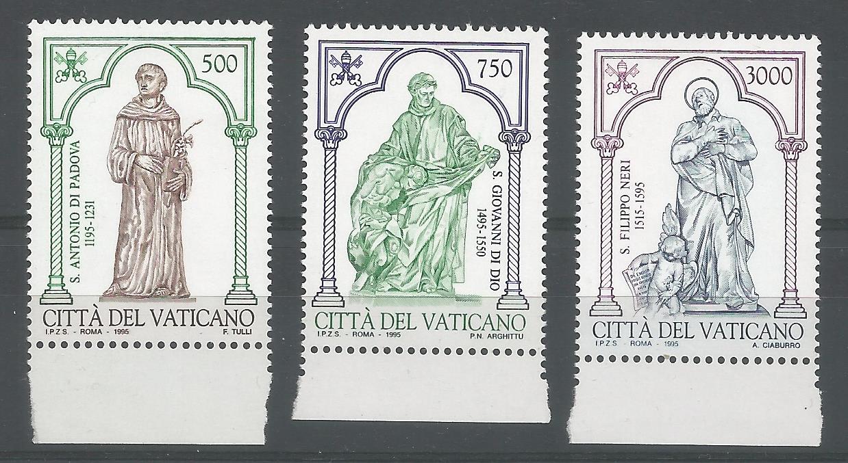 51678 - VATICANO - 1995 - S.Antonio di Padova, S.Giovanni di Dio e S.Filippo Neri - Serie compl. 3 val. nuovi - Unificato : 1032/1034 - VTC100