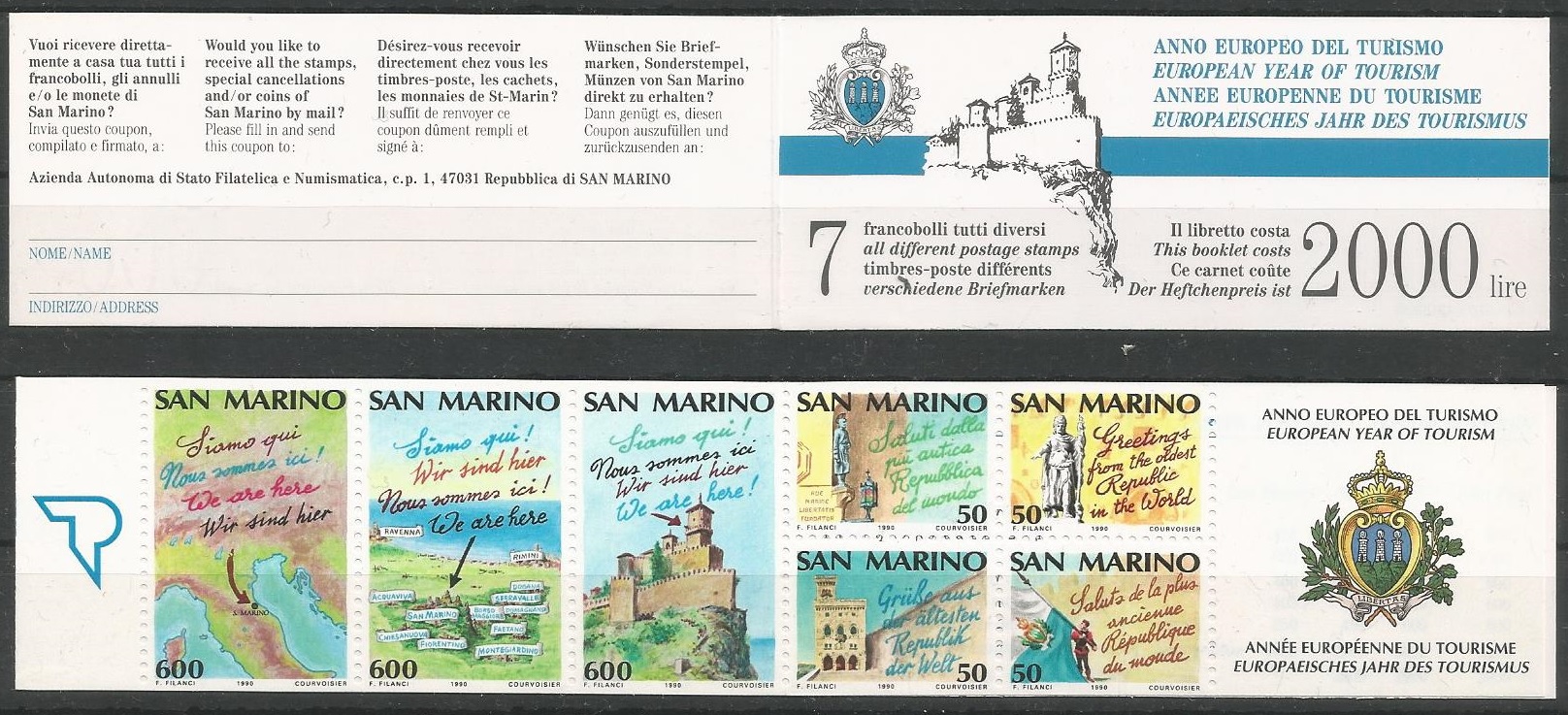 51793 - SAN MARINO - 1990 - Anno europeo del turismo - Libretto 7 valori nuovi - Unificato : L2 - SMR012