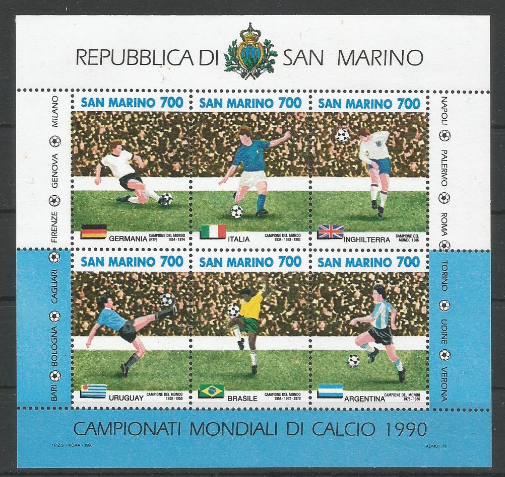51794 - SAN MARINO - 1990 - Paesi vincitori dei Mondiali di calcio - Foglietto di 6 valori nuovo - Unificato : BF44 - SMR013