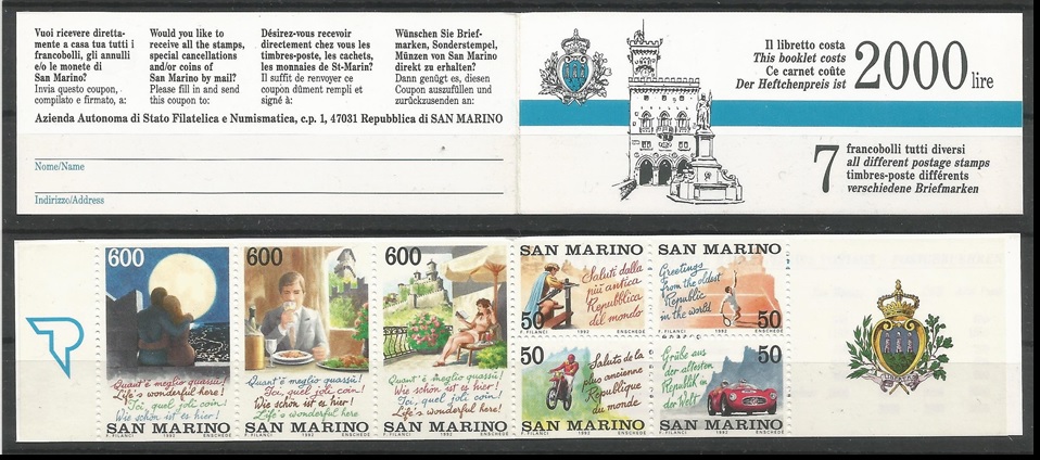 51814 - SAN MARINO - 1992 - Attrattive turistiche di San Marino - Libretto di 7 valori nuovi - Unificato : L3 - SMR033
