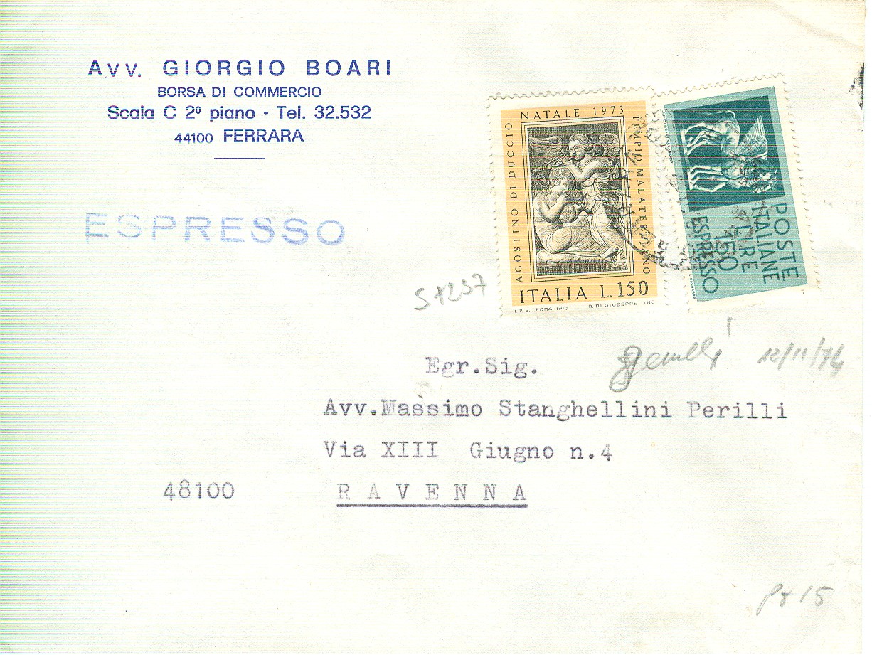 51841 - NATALE 1973 (s1237) .150+150 ESPRESSO,1974-LETTERA ESPRESSO,TIMBRO POSTE FERRARA
