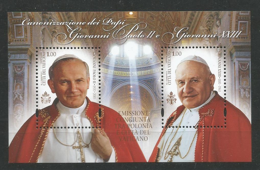 51847 - VATICANO - 2014 - Canonizzazione dei Papi Giovanni Paolo II e Giovanni XXIII - Foglietto 2 val. nuovo - Unificato : BF82 - SCV006
