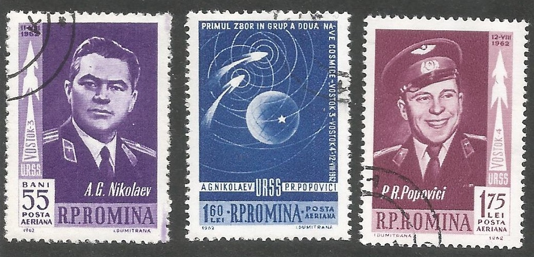 52092 - ROMANIA - 1962 - Volo congiunto di Vostok 3 e Vostok 4  - 3 val. cpl timbrati - Michel : 2096/2098 - Yvert : PA157/PA159 - [ROM090]