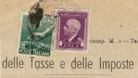 8006 - L.2 + francobollo Democratica L.1 usato come marca da bollo - frammento