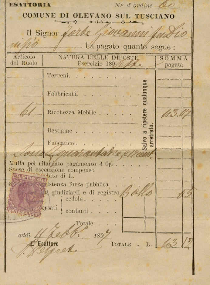 8008 - Cent.5 su ricevuta Esattoria Comunale del 11.2.1897