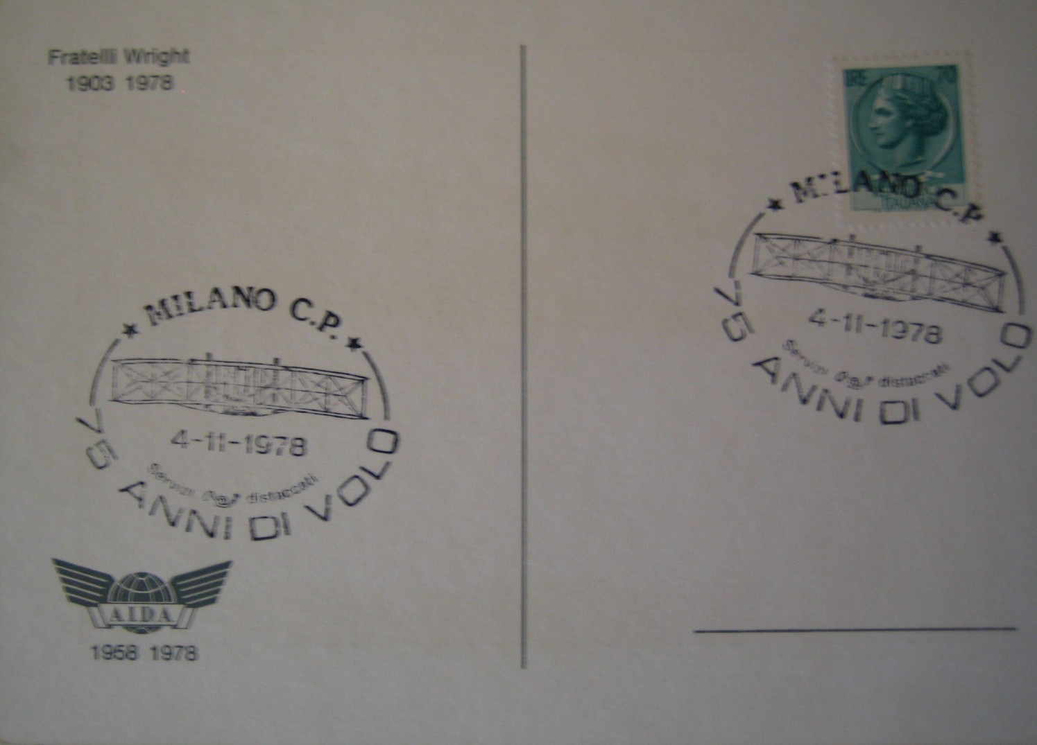 8453 - 04-11-1978 -   MILANO 75 ANNI di VOLO su CARTOLINA ILLUSTRATA F.LLI WRIGHT