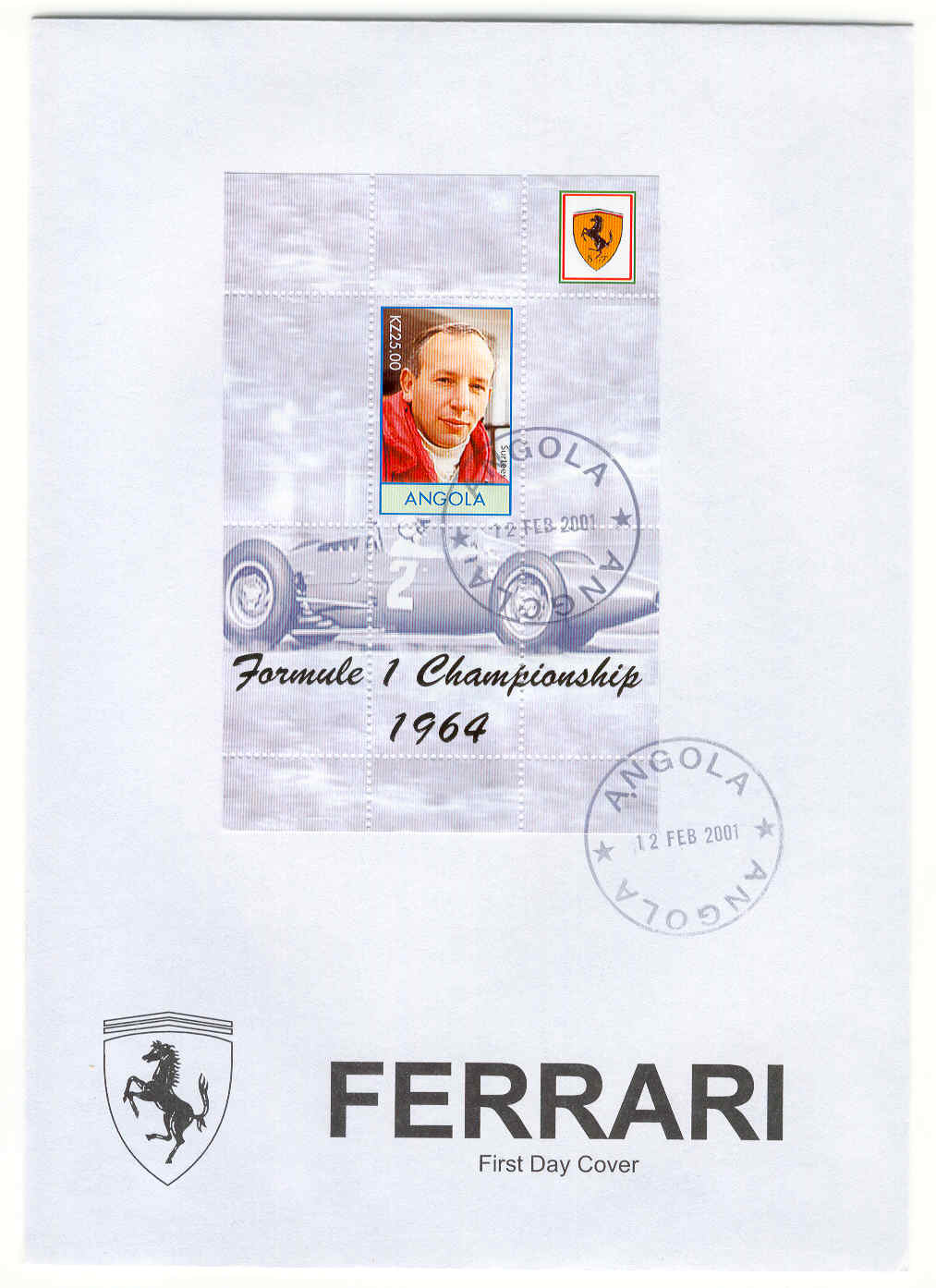 8495 - Angola - Busta FDC piloti Ferrari campioni del mondo di F1 - Surtees
