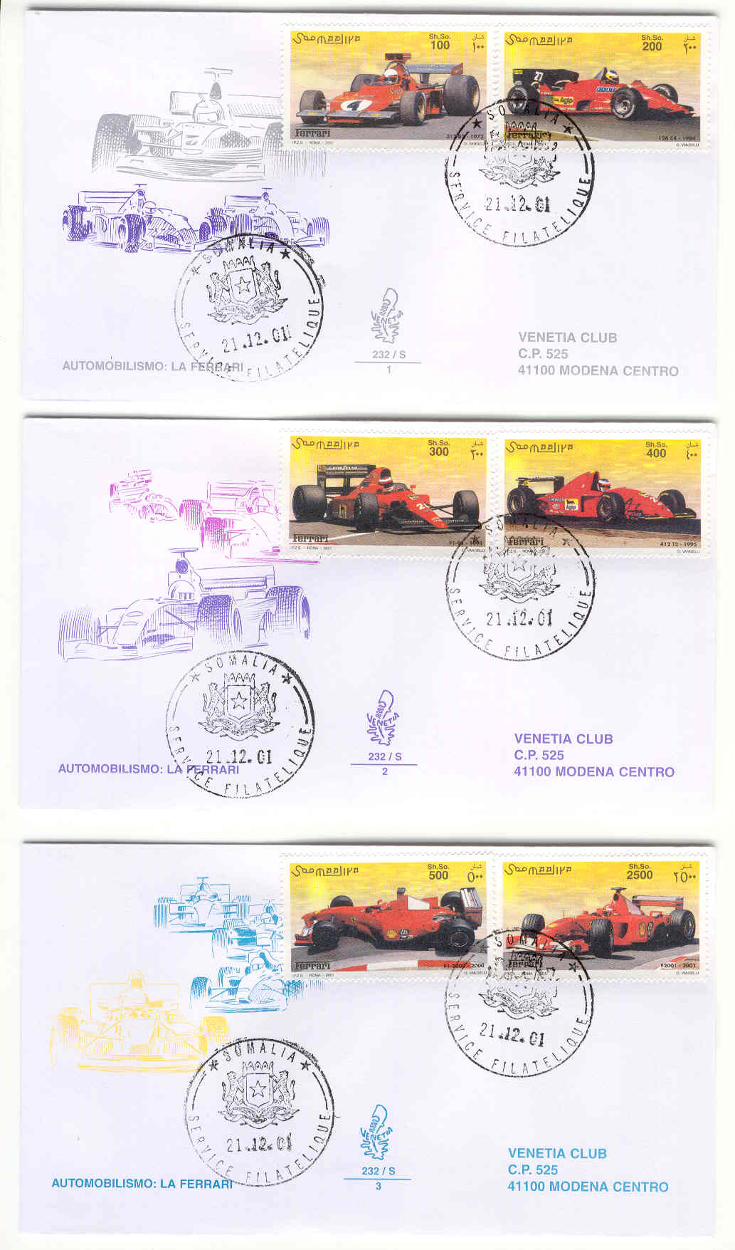 8499 - Somlia - 3 buste FDC commemorative della Ferrari 2001