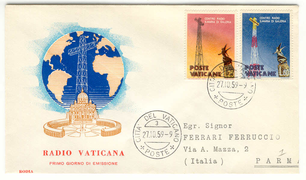 9185 - Vaticano - busta fdc serie Nuovo Centro Radio 1959 ed. Rodia