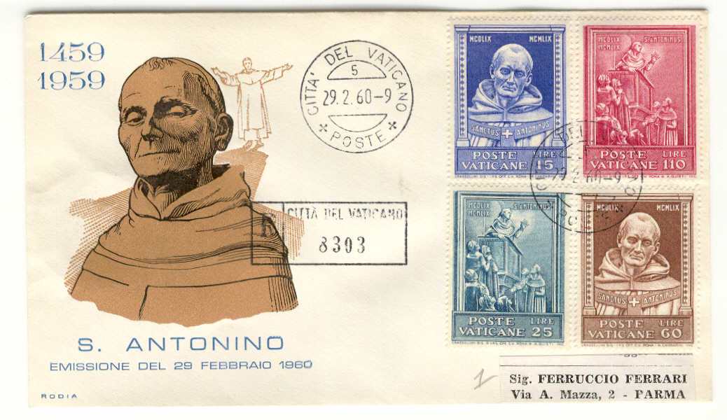 9221 - Vaticano - busta fdc con serie completa 5 centenario della morte di S. Antonino 1960 ed. Rodia