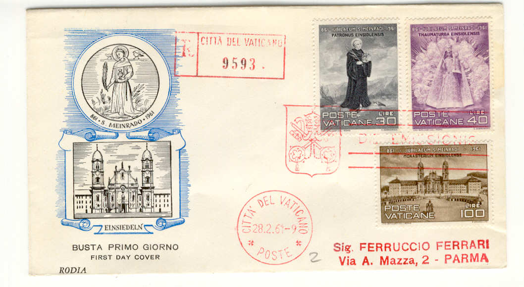 9260 - Vaticano - busta FDC con serie completa S. Meinardo azzurro 1961