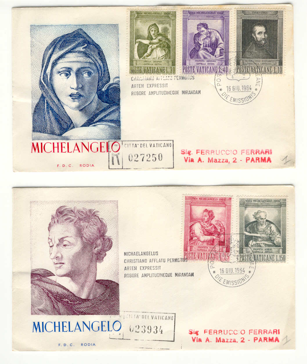 9312 - Vaticano - 2 buste fdc con serie completa Michelangelo Buonarroti 1964 ed. Rodia