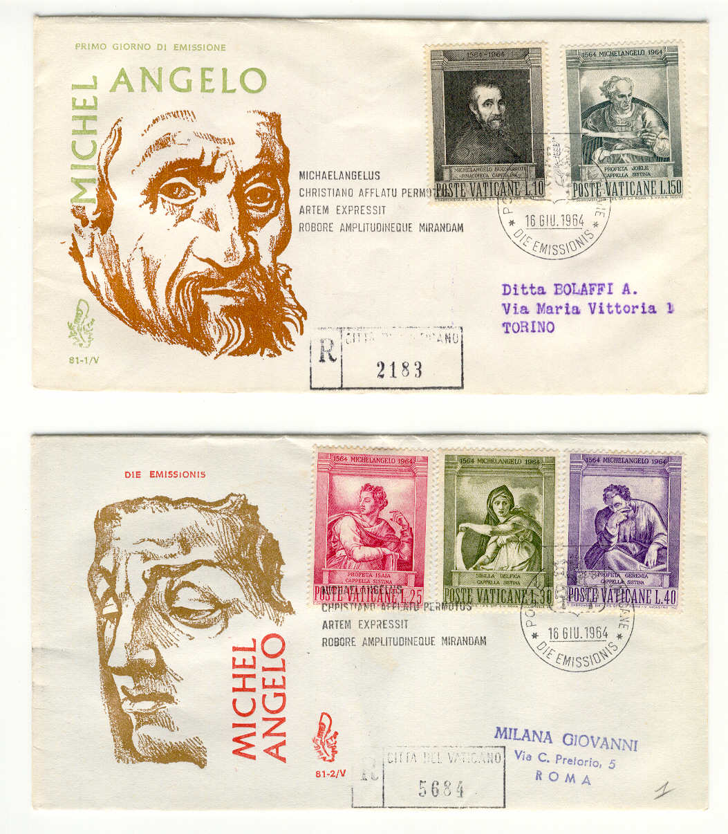 9313 - Vaticano - 2 buste fdc con serie completa Michelangelo Buonarroti 1964 ed. Venetia