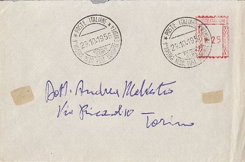 OMT - The only know letter</b> franked with L.20 OMT meter stamp