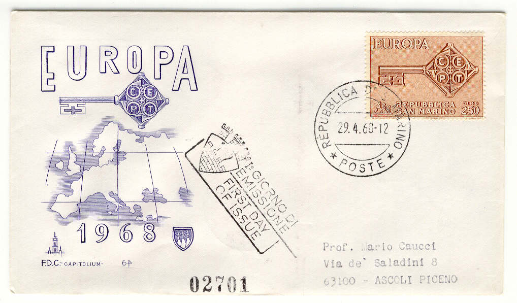 10109 - San Marino - busta fdc con serie completa Europa 1968 - 29.04.1968