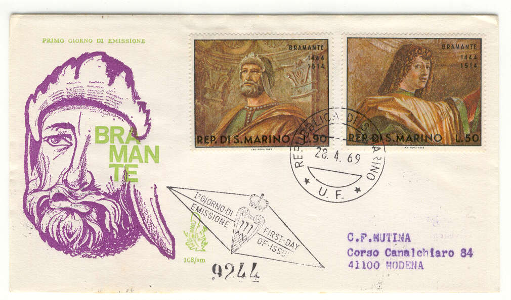 10118 - San Marino - busta fdc viaggiata con serie completa Dipinti del Bramante ed. Venetia