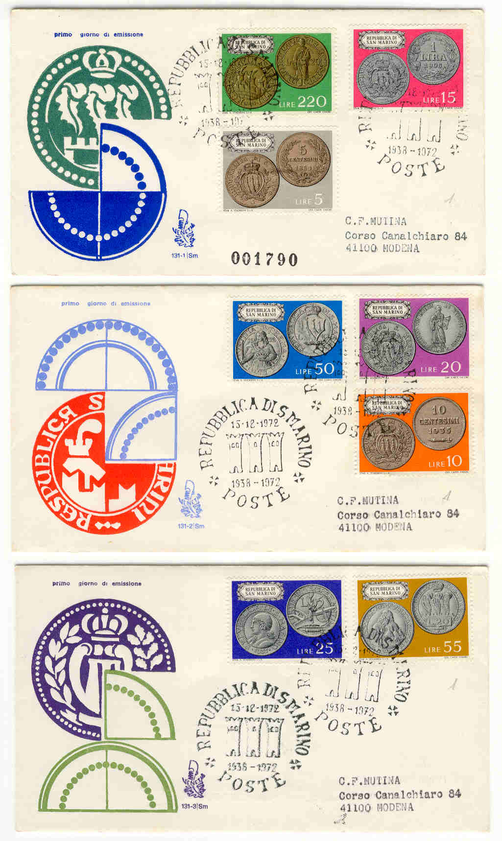 10210 - San Marino - 3 buste fdc con serie completa Ripresa della monetizzazione - monete storiche ed.Veneti