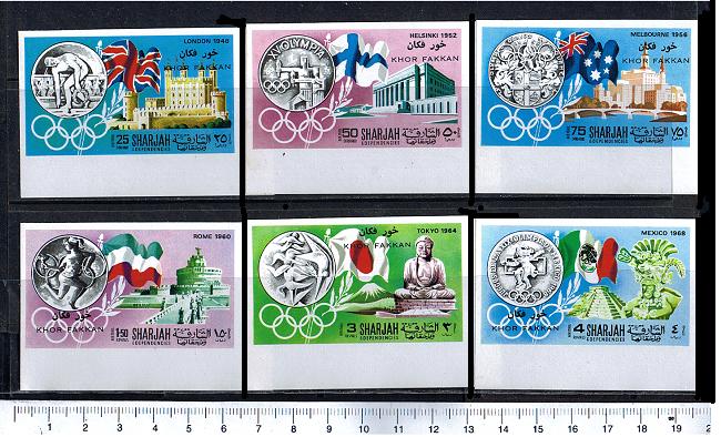 10305 - KHOR FAKKAN (0ra U.E.A.), Anno 1968, # 114-19  - Citt olimpiche, bolli di Sharjah sovrastampati - 6 valori ND serie cpl. nuovi