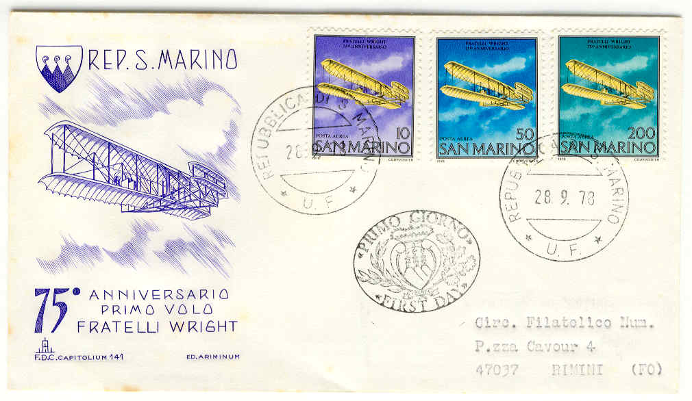 10355 - San Marino - busta fdc con serie completa: 75 anniversario del primo volo a motore fratelli Wright