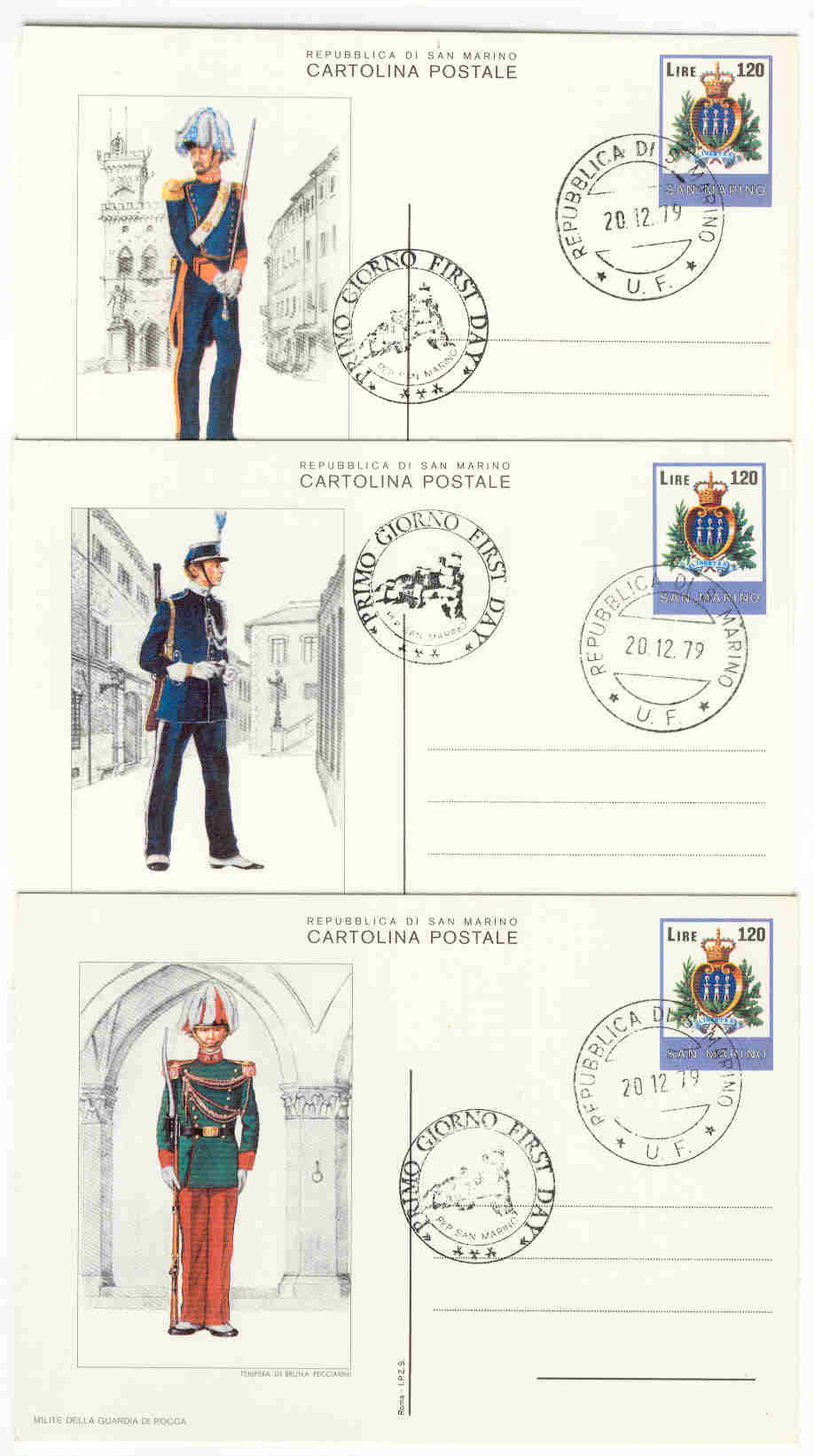 10970 - San Marino: cartoline postali C 46 in serie completa fdc: Uniformi Militari 1 serie valori da 120