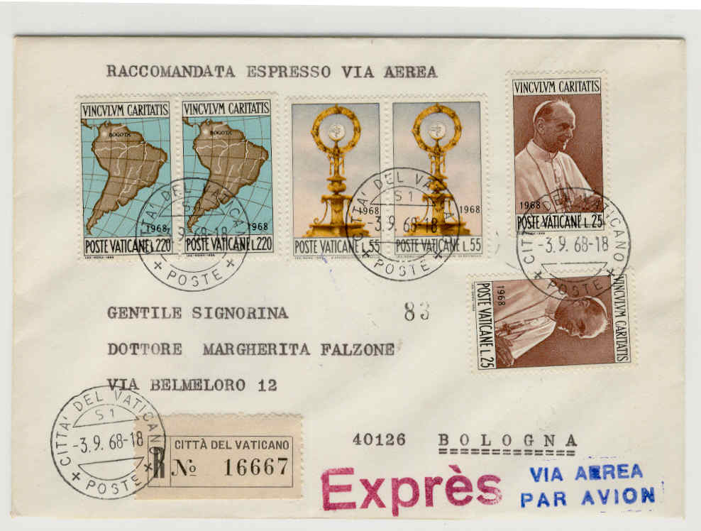 11147 - Vaticano - busta viaggiata raccomandata espressa aerea con 2 serie: Viaggio di Paolo VI in Colombia