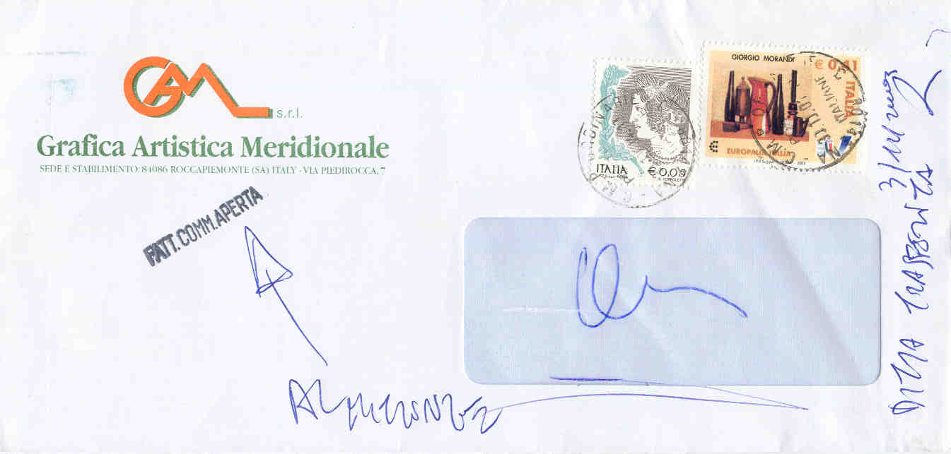 12005 - 2003 Morandi Eur.0.41 (colori fuori registro) +  Eur 0.05 - Roccapiemonte 30.10.2004. Al mittente