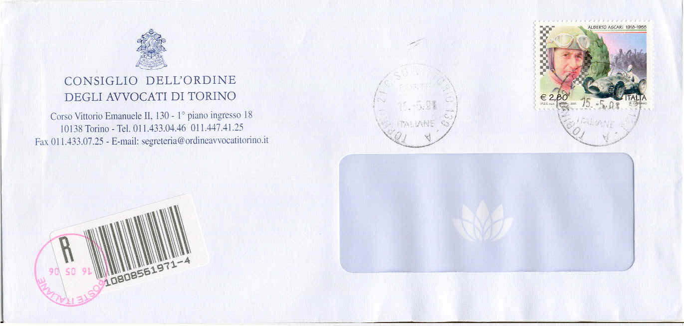 26816 - 2005 A. Ascari Eur.2.80 - busta raccomandata Torino 15.5.2005